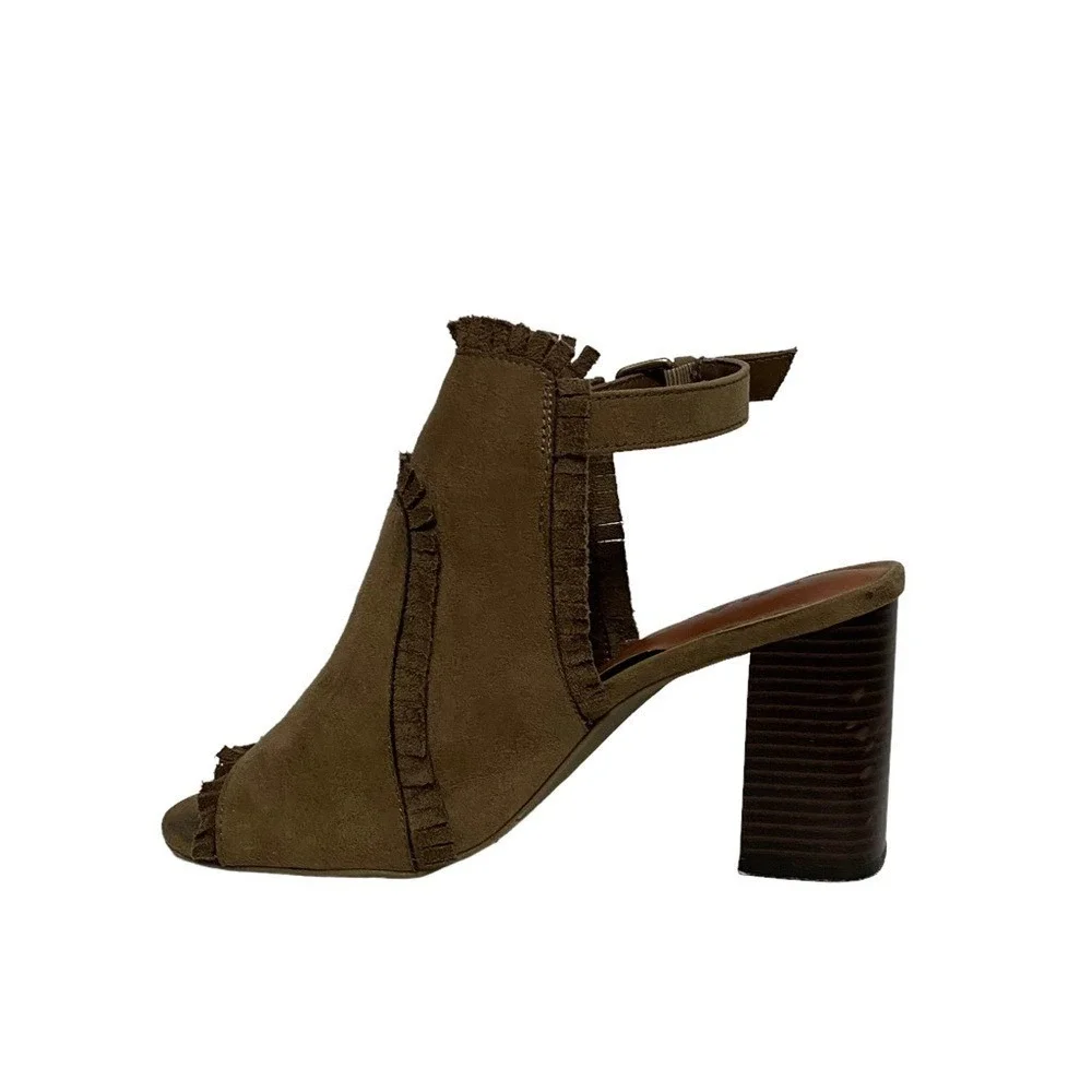 MIA Patrice Summer Chic Fringe Open Toe Sling Back‎ Block Heel Booties Brown